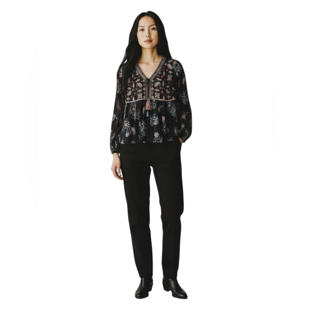 Style & Co. Navy Long Sleeve Boho Blouse with Paisley Pattern & Tassels Small - Picture 4 of 10